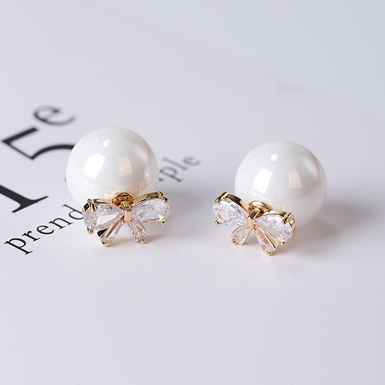 3 Colors Zircon Stud Earrings Exaggerated Balls Women Jewelry Double Side Bow Pearl Earrings