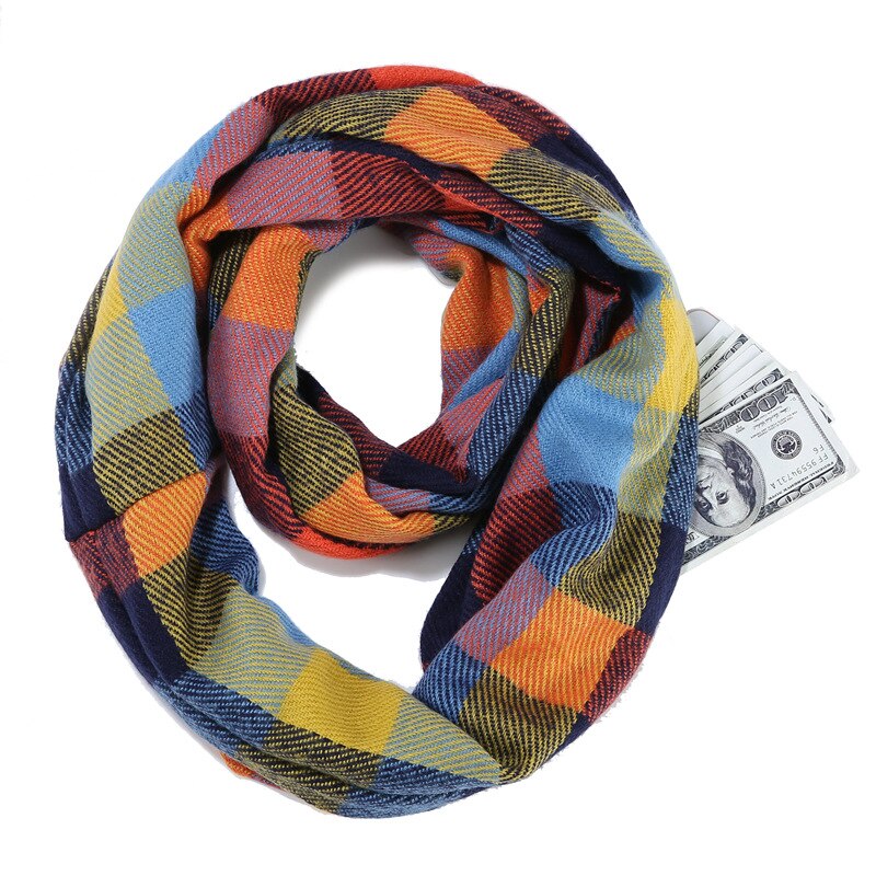 Infinity ruudullinen huivi talvi lämmin piilovetoketju tasku huivit naisten kashmir snood naisen kaulanlämmitin matka sormus huivit
