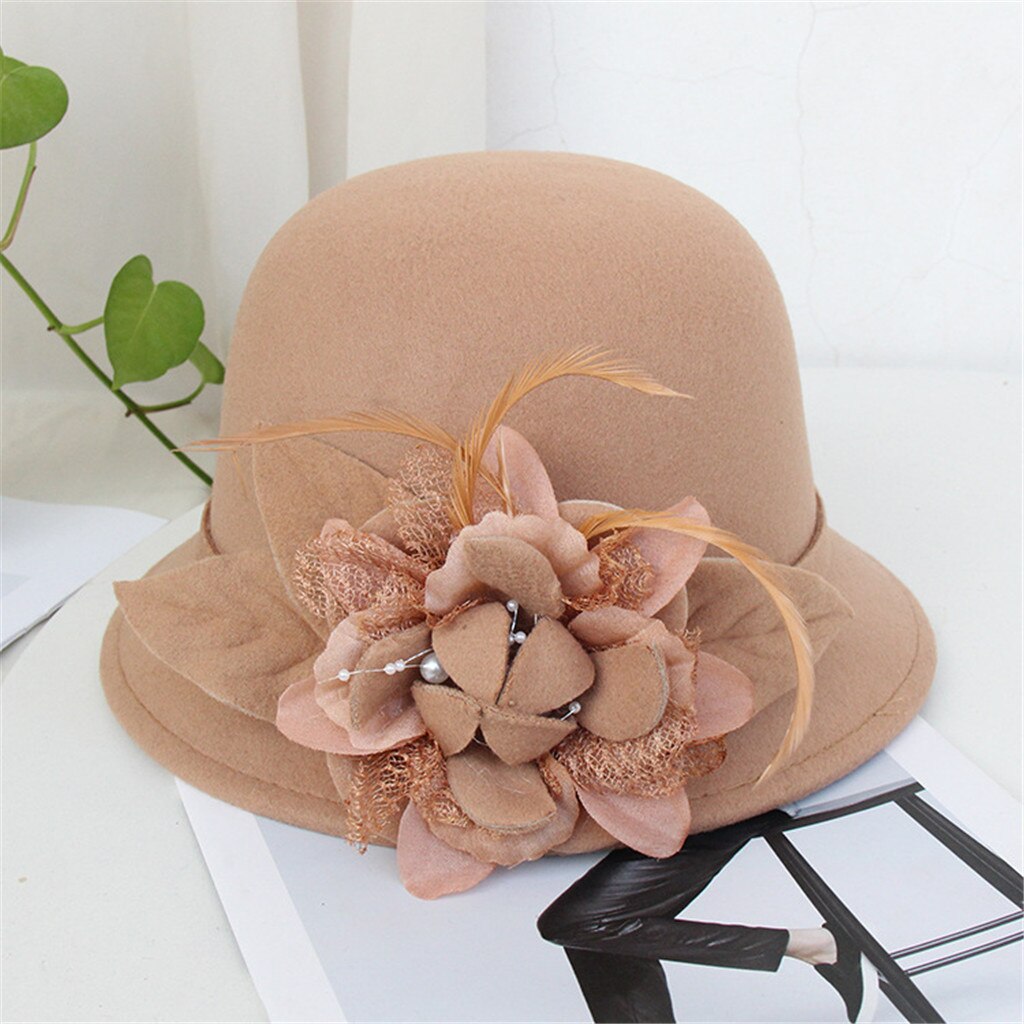 Women Flax Flower Hat Bowler Billycock Cap Sales Vintage Retro Bowler Caps Princess caps chapeau femme Hat Cap For Woman: Khaki 
