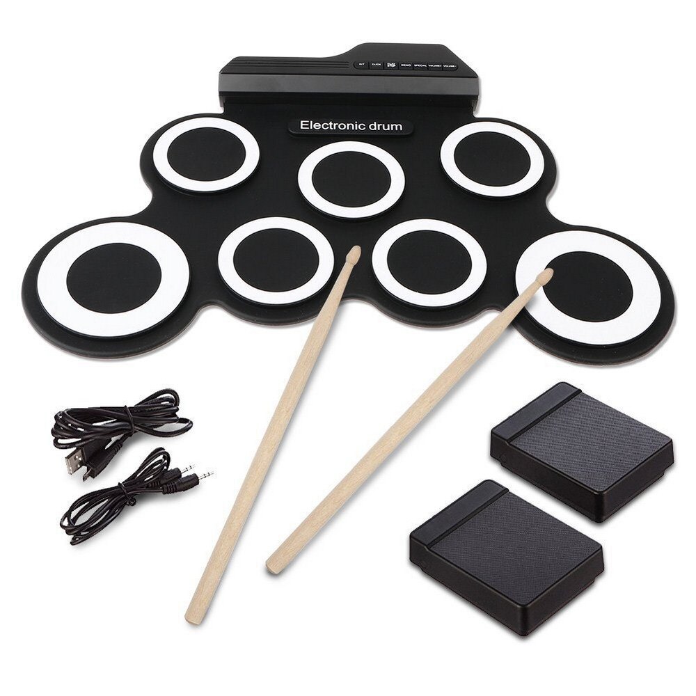 7 Pads Elektronische Drum Set Elektrische Drum Met Hoofdtelefoon Jack Ingebouwde Luidspreker En Batterij, drum Stok Party Instrument: Black