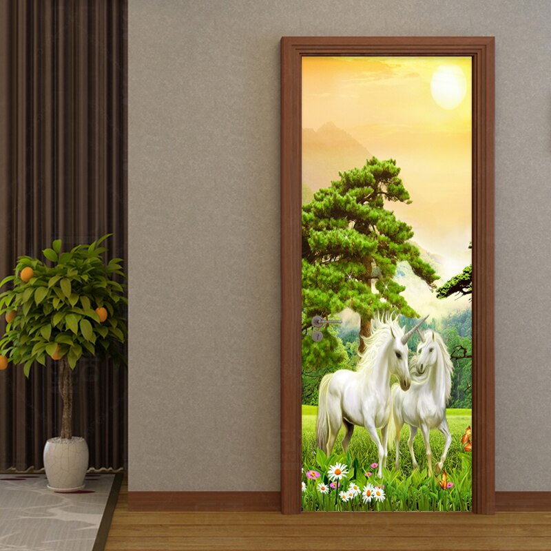 2 stuks/set Zelfklevende Deur Sticker 3D Bos Dier Behang Woonkamer Home Decor Plakken PVC Waterdichte Deur Muur sticker