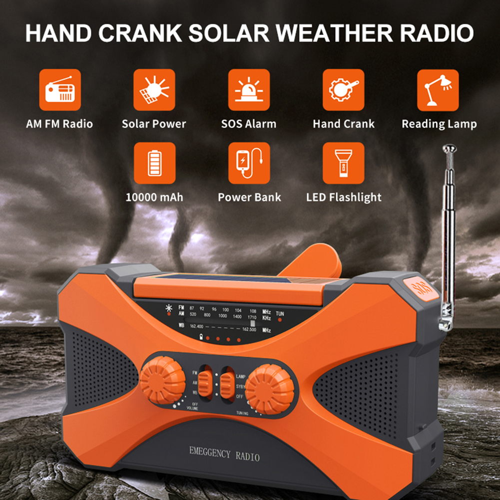 10000mAh Emergency Radio Solar Hand Crank Radio AM/FM/NOAA with LED Flashlight SOS Alarm Reading Light Power Bank for Cell Phone