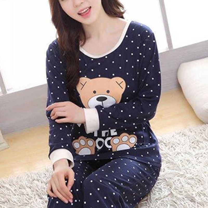 Pijamas cálidos de franela de Otoño Invierno para mujer conjuntos de ropa de dormir de manga larga suave con lindo patrón de oso