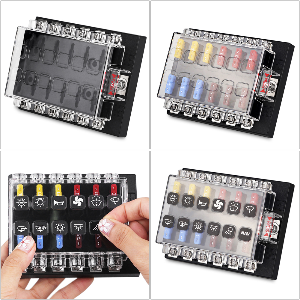 Caja de fusibles de 12 vías para barco marino, 12V 24V, Base de fusible, soporte de bloque, tuerca de tornillo, Terminal, fusibles gratis, indicador LED, cubierta impermeable