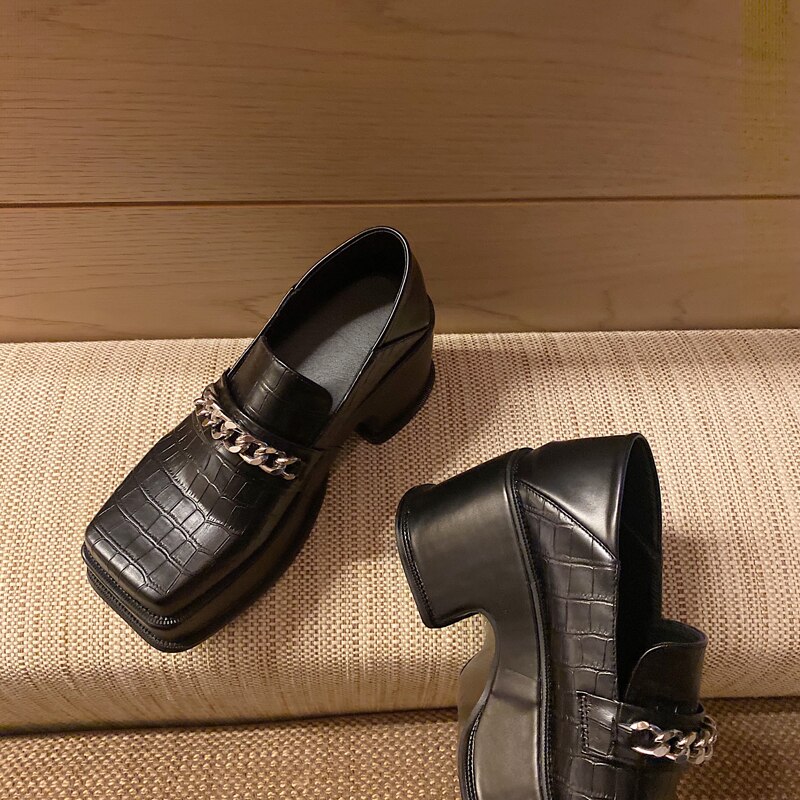 Femmes chaussures de créateur de bout carré talons Femme pompes décontracté chaussures grosses chaussures noir plate-forme chaussures Harajuku Femme