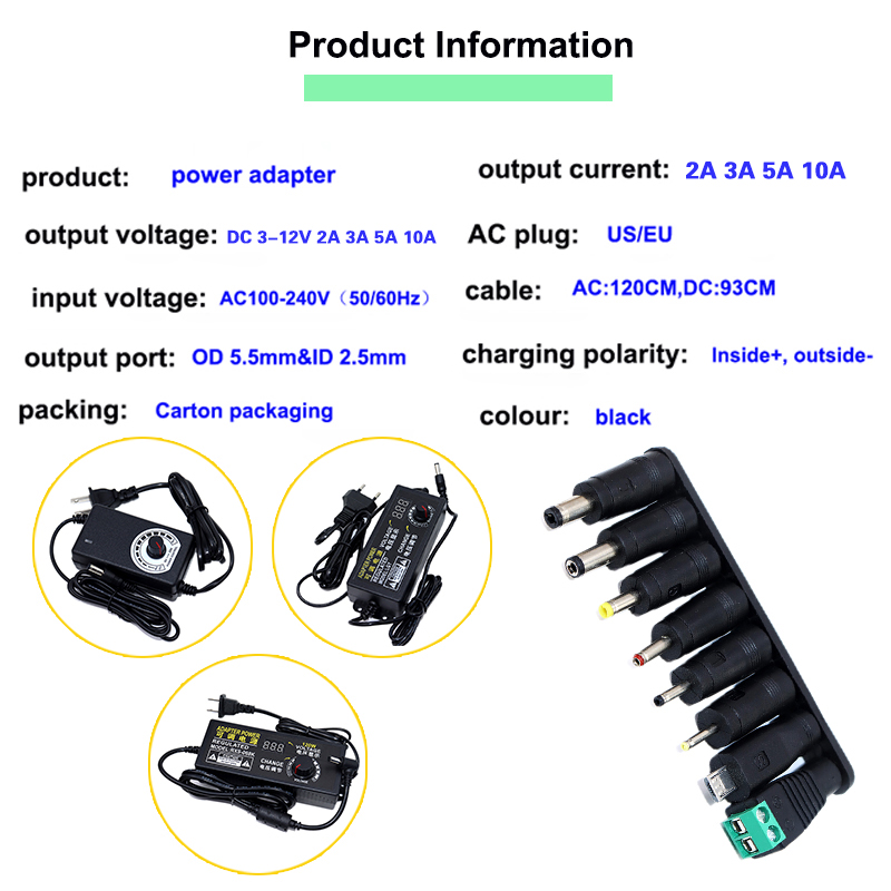 AC DC Adjustable Power Supply 3V 5V 6V 9V 12V 2A 3A 5A 10A AC/DC Switching Powe Supply Adapter Universal 220V To 12V Volt Adapte