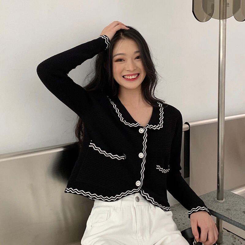 Dames gebreide truien met lange mouwen en omslagkraag, vesten, damesgebreide truien met zakken, chique crop tops voor dames