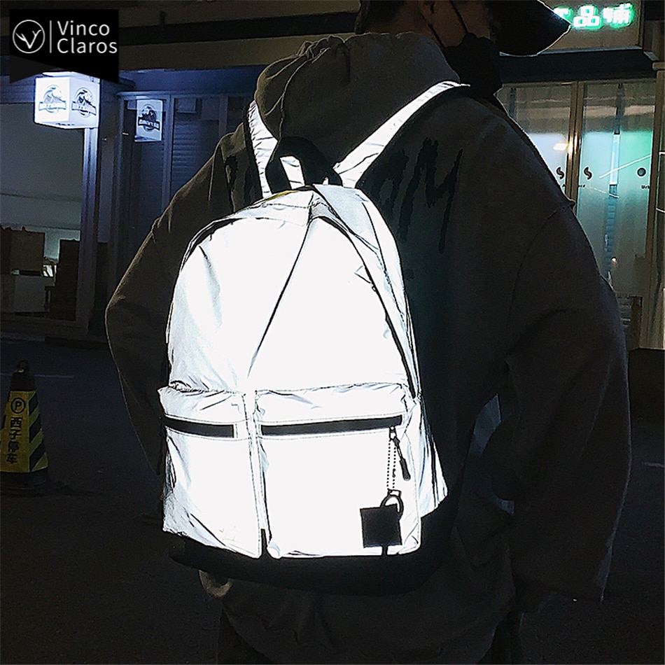 Hip Hop Streetwear Men's Solid Backpack Cool Youth Reflection Backpacks Waterproof Nylon Backpack Lightweight Bookbag for Men