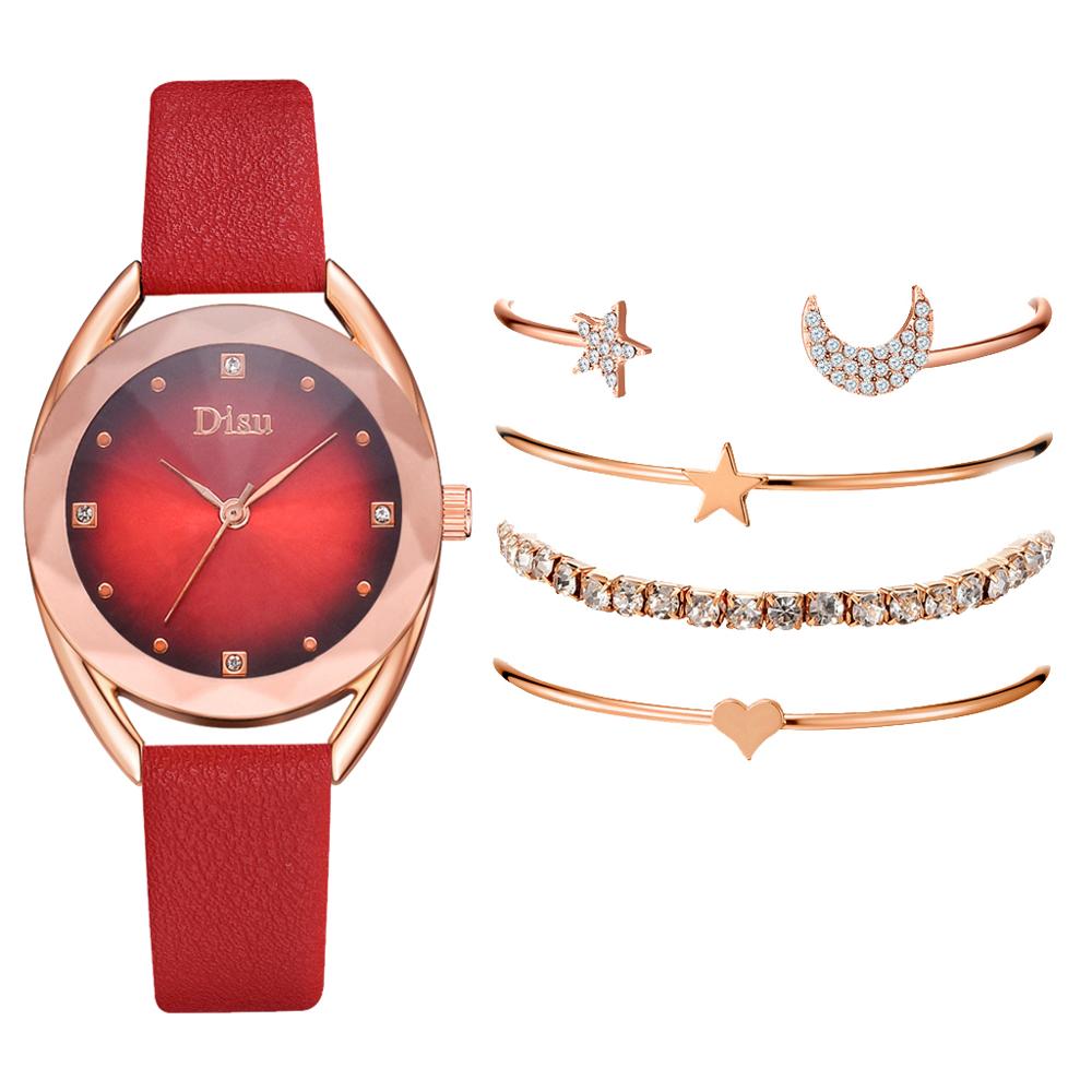 Set leren horlogebanden voor dames, casual dameshorloge met gradiënt wijzerplaat en armbandhorlogeset: Rode set van 5 stuks