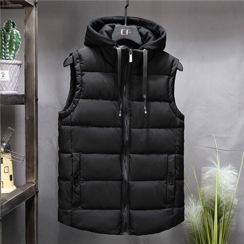 Winter Vest Mannen Warme Mouwloze Jassen Hooded Vest Mannen Hoed Toevallige Mannelijke Vest Jas Homme Vesten: Zwart / L