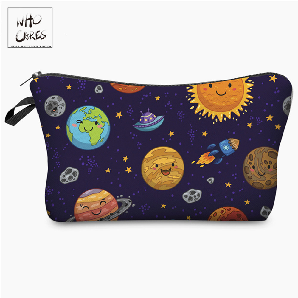 Who Cares Space Planet Funny Character printing Cosmetic Organizer Bag Makeup Bags ladies Pouch Women Cosmetic Bag