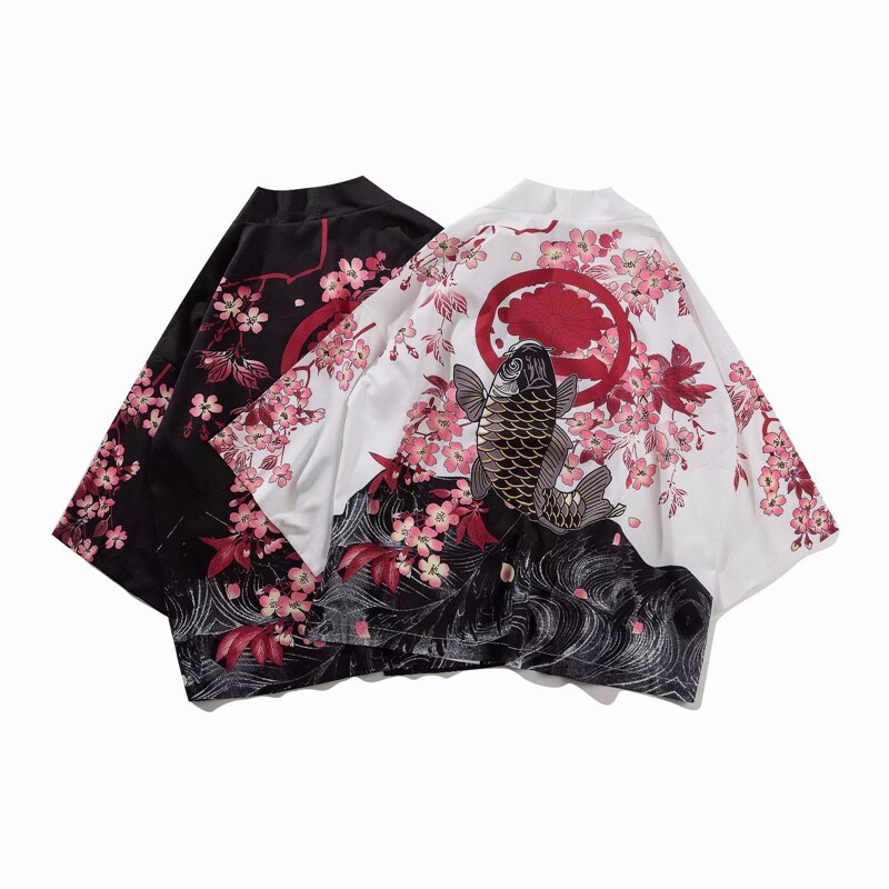 Japanse Kimono Shirts Koi Vis Gedrukt Harajuku Hip Hop Mannen Japan Stijl Streetwear Shirts Zomer Dunne Kleding Losse Kimono