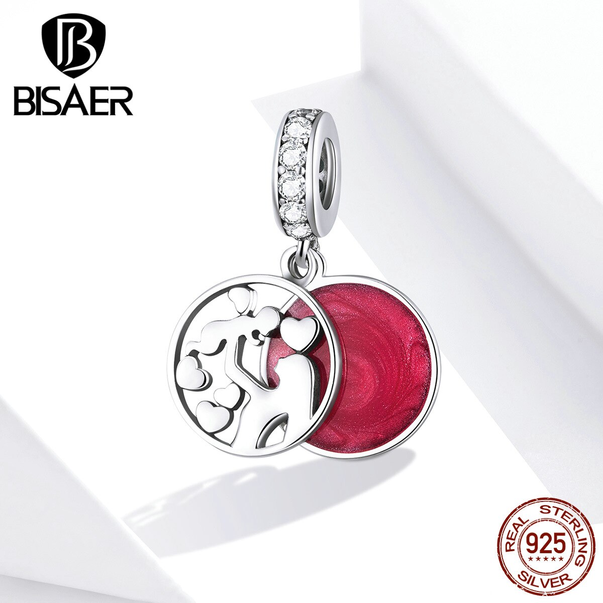 Dijes de Día de la Madre de BISAER 925 Plata de Ley Rosa zirconio mamá corazón cuentas para mujer pulsera collar joyería de la familia ECC1460