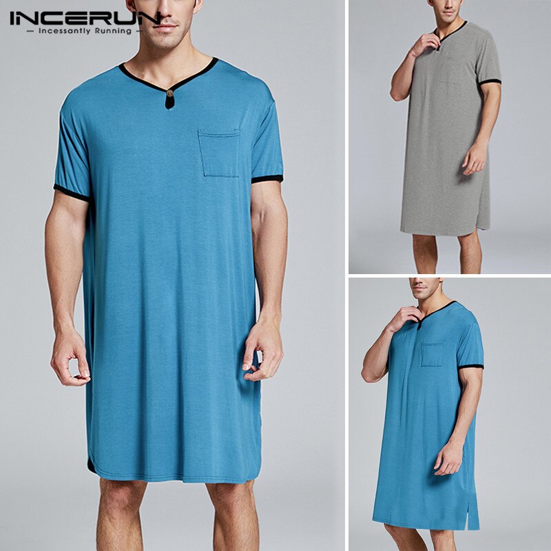 INCERUN Men Pajamas Sleep Tops Short Sleeve Breathable Long T Shirt Summer Casual V Neck Loose Men Sleepwear Homewear S-5XL