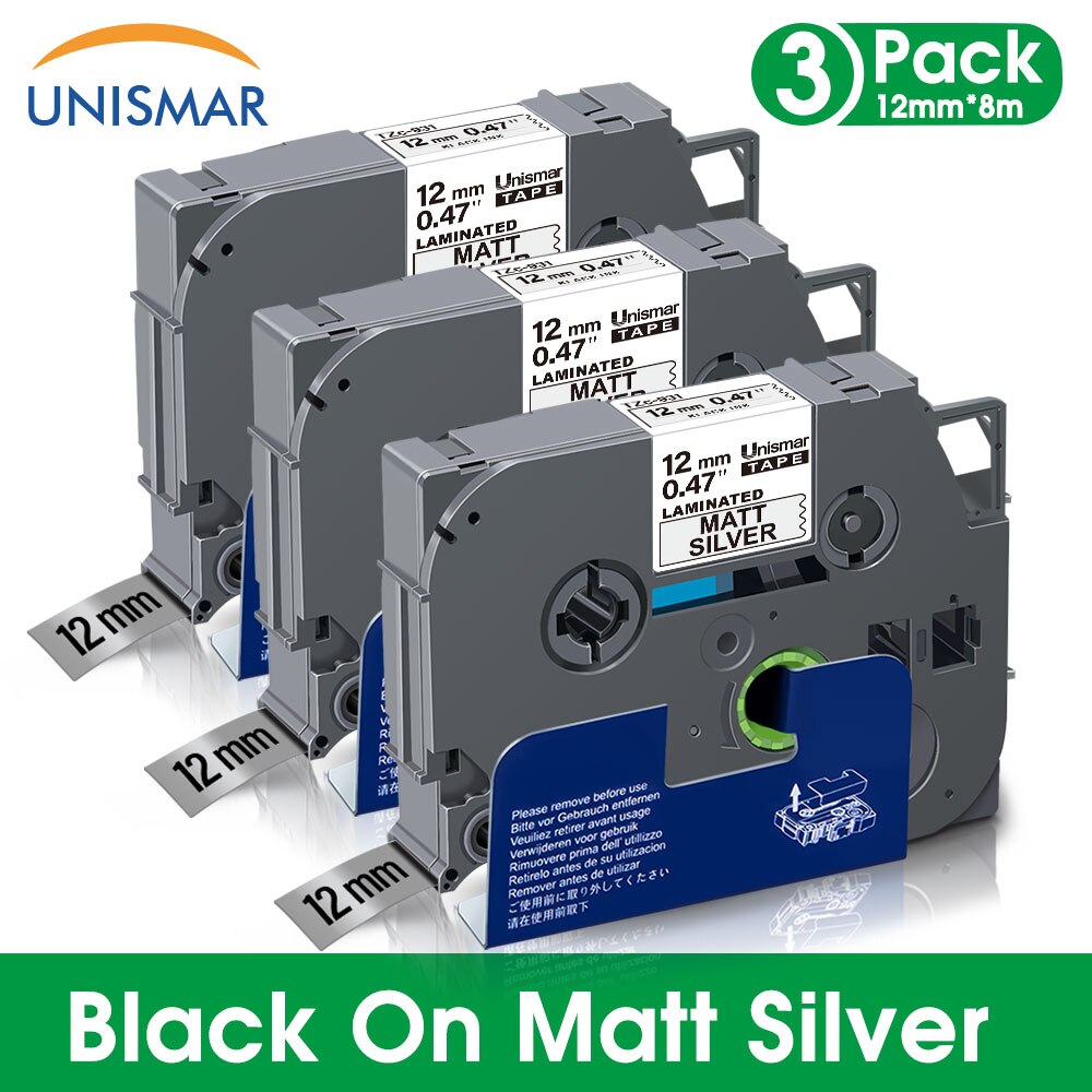 Unismar 3PK Black on White TZe-231 TZe231 Laminated Label Tape 12mm Printer Ribbon for Brother P-touch PT-1000 Label Maker: Black On Matt Silver