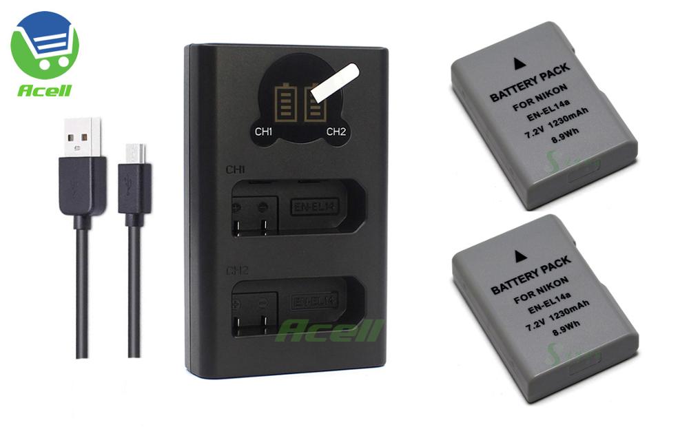 Batería de EN-EL14a + LCD USB cargador Dual para cámara Nikon, reemplazo de EN-EL14, para D5600, D5500, D5300, D5200, D5100, D3500, D3400, D3100, Df: 2Battery 1Bi-Charger