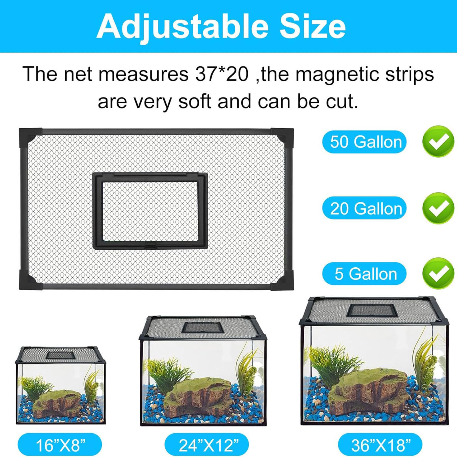 Fish Tank Cover Self Assembly Anti Jump Net Magnetic Black Mesh,Turtle Tank Net Fish Tank Top Protective Cover Replacement