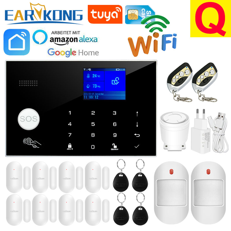 Wifi GSM Alarmsysteem 433 MHz Thuis Inbreker Beveiligingsalarm Draadloze bedrade detector RFID Touch-toetsenbord Temperatuur Vochtigheid Alexa: Paars