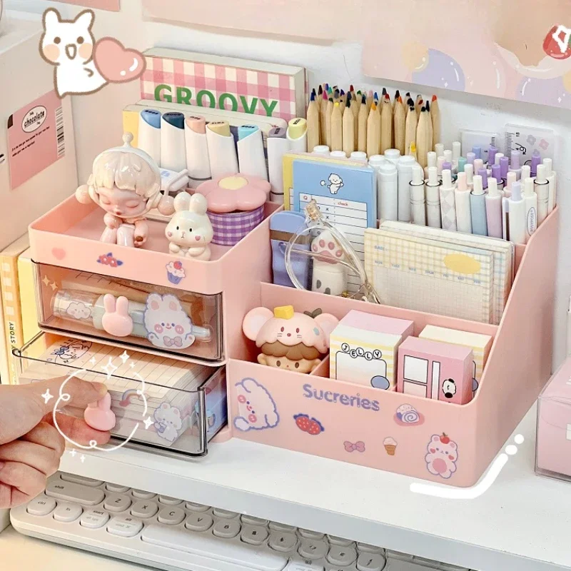 Caja de almacenamiento de cosméticos de escritorio, cajón organizador, estante de almacenamiento de oficina, papelería, portalápices de escritorio, organizador de cajón de conejito, bonito Kawaii