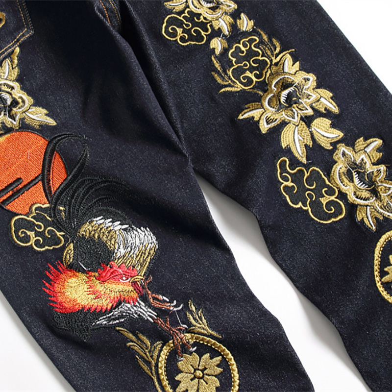Pantalones vaqueros elásticos con bordado para hombre, vaqueros con bordado de letras y flores, color negro y azul