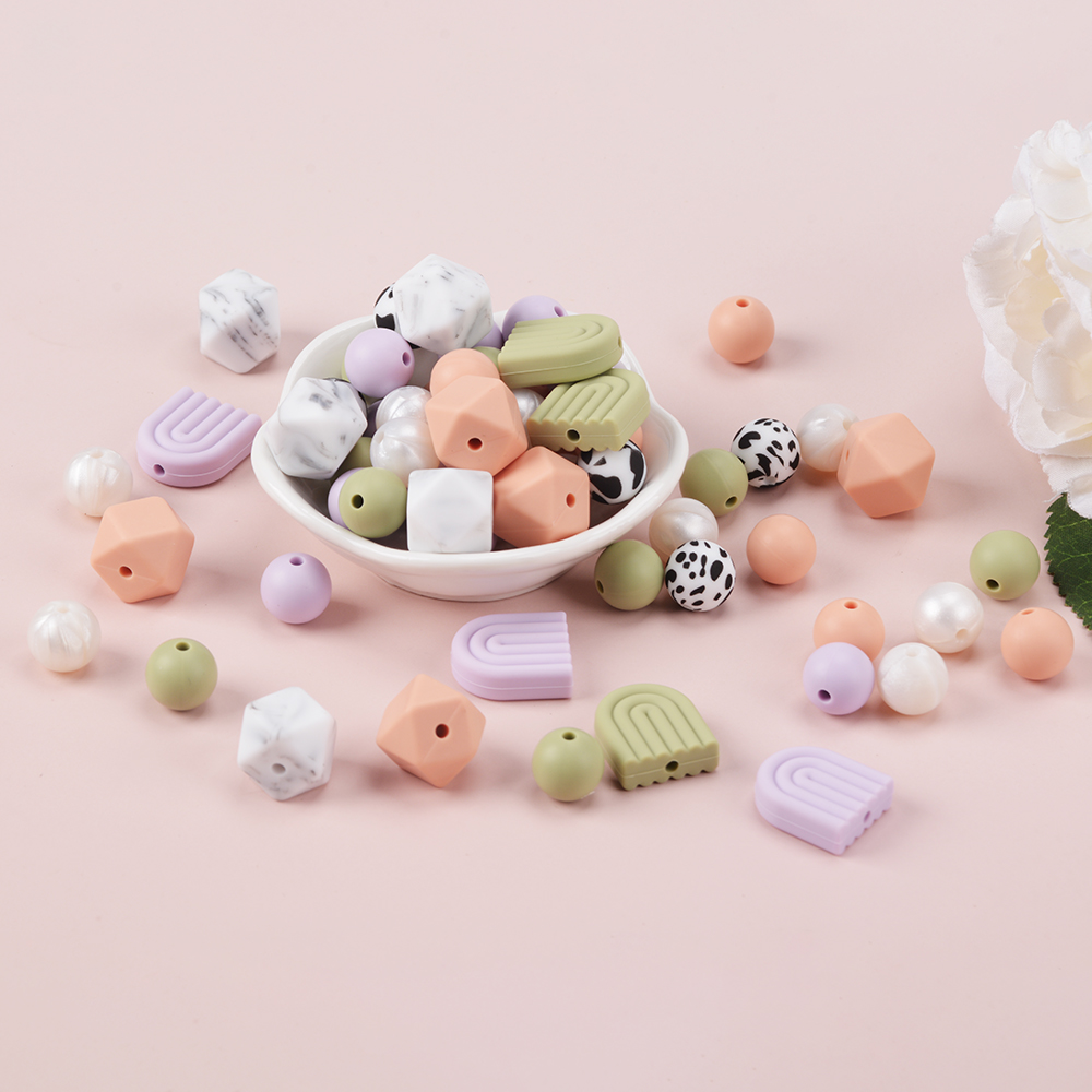 LOFCA Hexagonal arch round loose silicone beads for silicone necklaces DIY silicone teething necklaces silicone beads BPA free