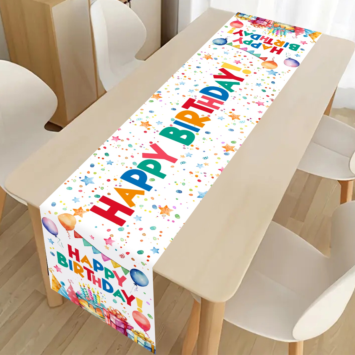 1pc Happy Birthday Party Polyester Table Runner with Colorful Balloons & Cake for Indoor/Outdoor Celebrations Home Birthd