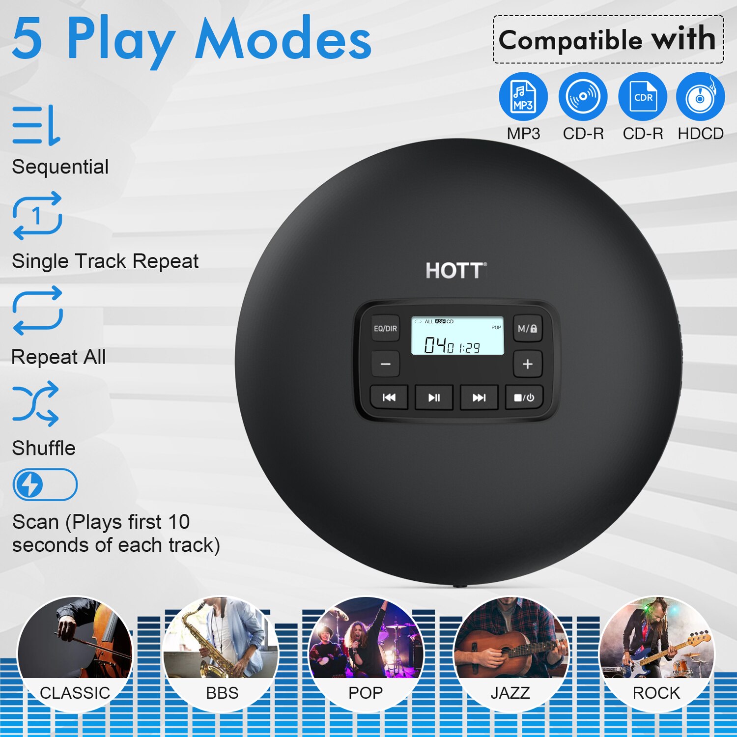 Cuffie Walkman CD portatili stile rotondo con altoparlanti lettore musicale CD musica HiFi schermo portato con cavo AUX supporto TF carta