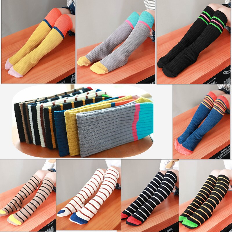 Cotton Girls Boys Football Stripes Socks Baby Kids Toddler Knee High Long Tube Socks Children Sports School White Socks Leg Warm