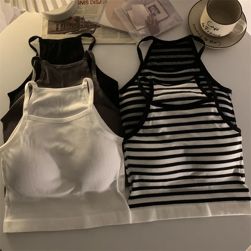Camisetas sin mangas para mujer versión coreana, Top corto informal liso con almohadilla en el pecho, ropa exterior sin mangas a rayas, camisola básica