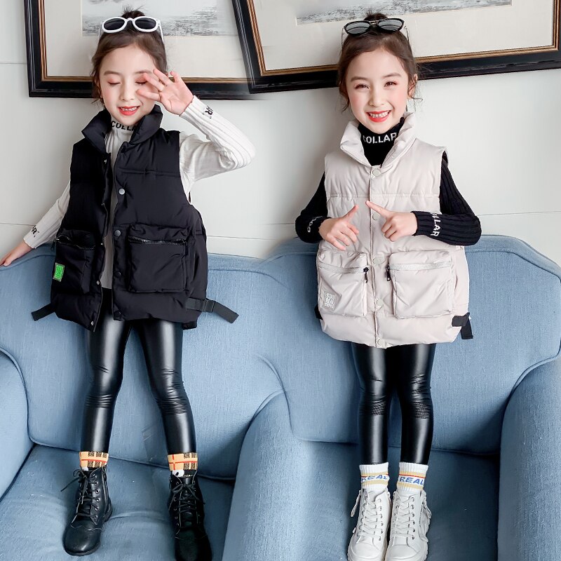 Chaqueta tipo chaleco para niñas, abrigo grueso con bolsillos grandes, chaleco acolchado de algodón informal para niños, cálido, sin mangas, chaquetas, ropa de 4 a 12 años