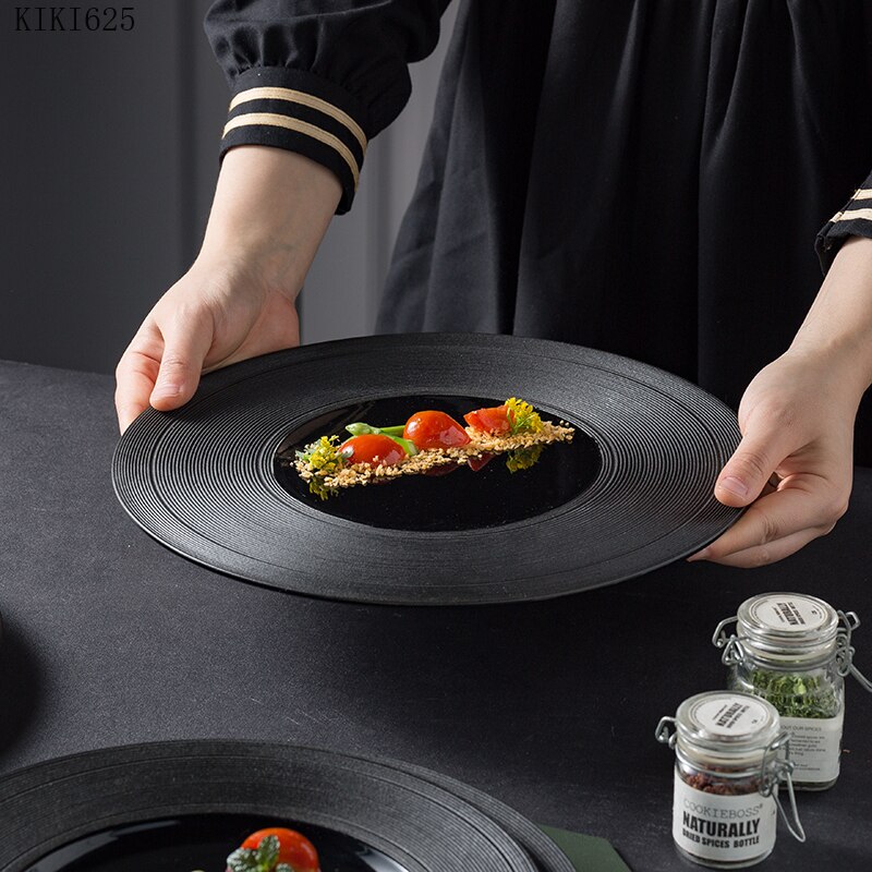 Linear Striped Ceramic Black Dinner Plate Hat Shaped Pasta Salad Plate Bowl Kitchen Cooking Dinner Food Plate Table Decoration