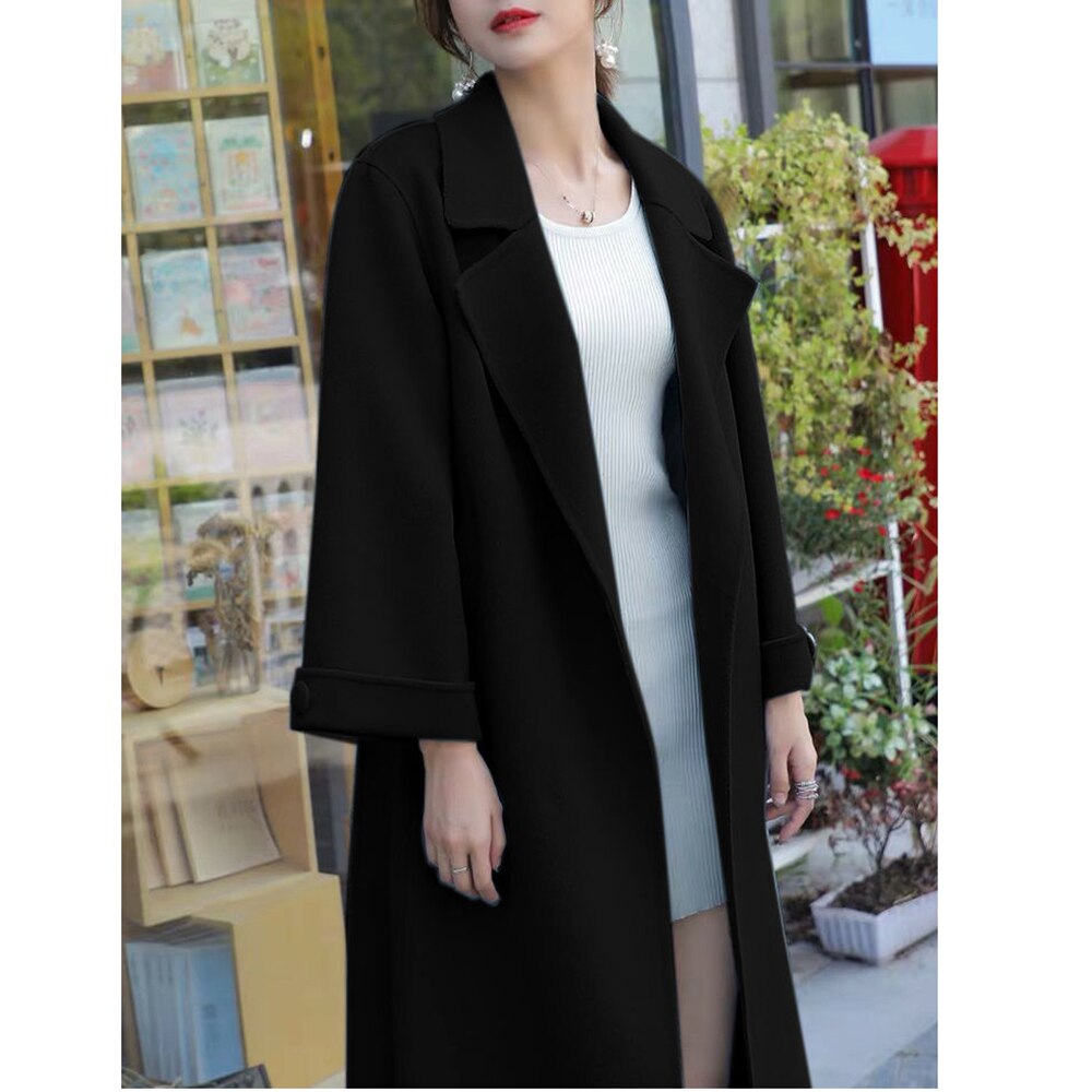 Manteau d'hiver en laine pour femmes, couleur unie, bleu lac, noir, ample, X Long, , avec ceinture, pour le bureau, XS à XXL: Black / XS