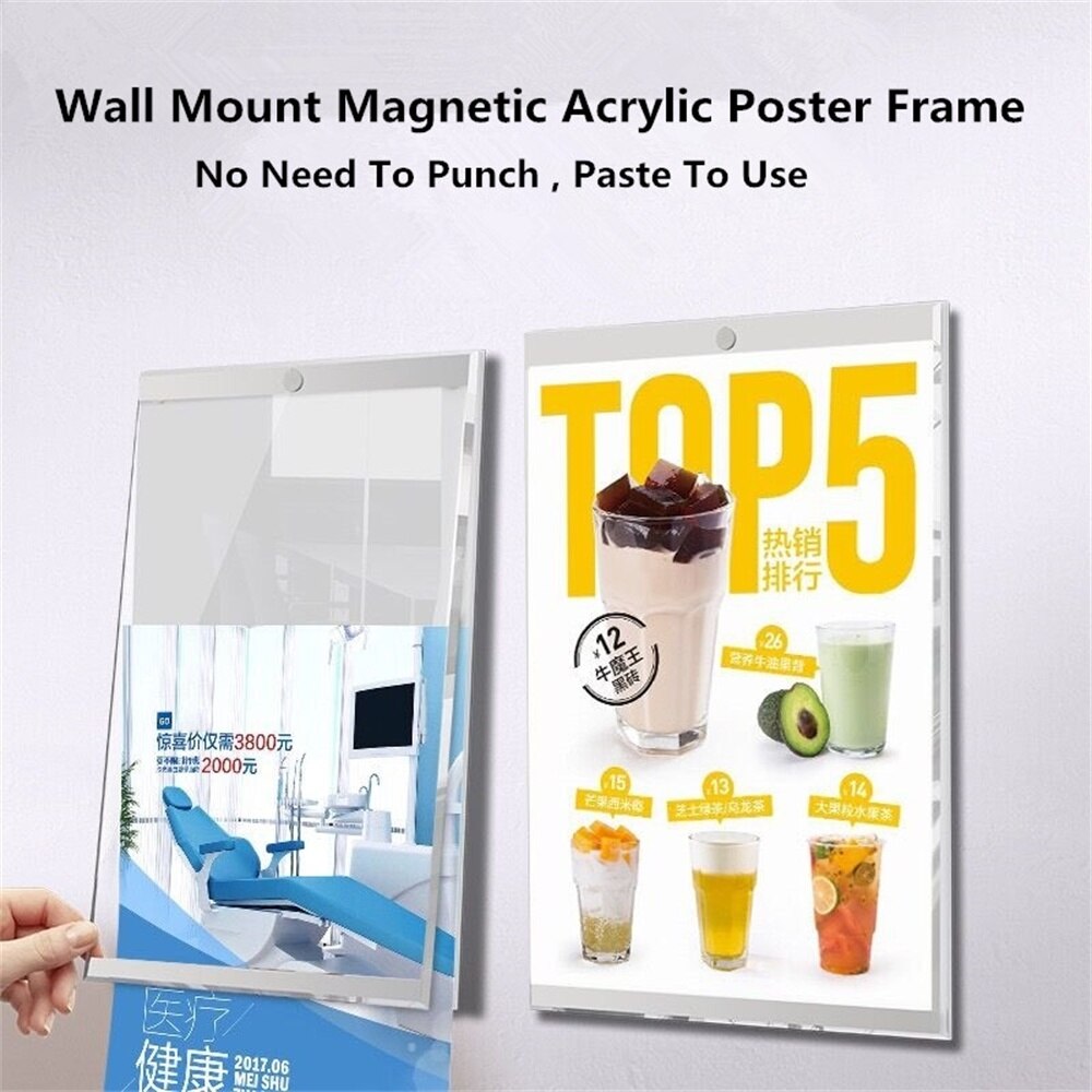 A4 Wall Mount Self-adhesive Magnetic Acrylic Photo Picture Poster Sign Holder Certificate Display Frame Board