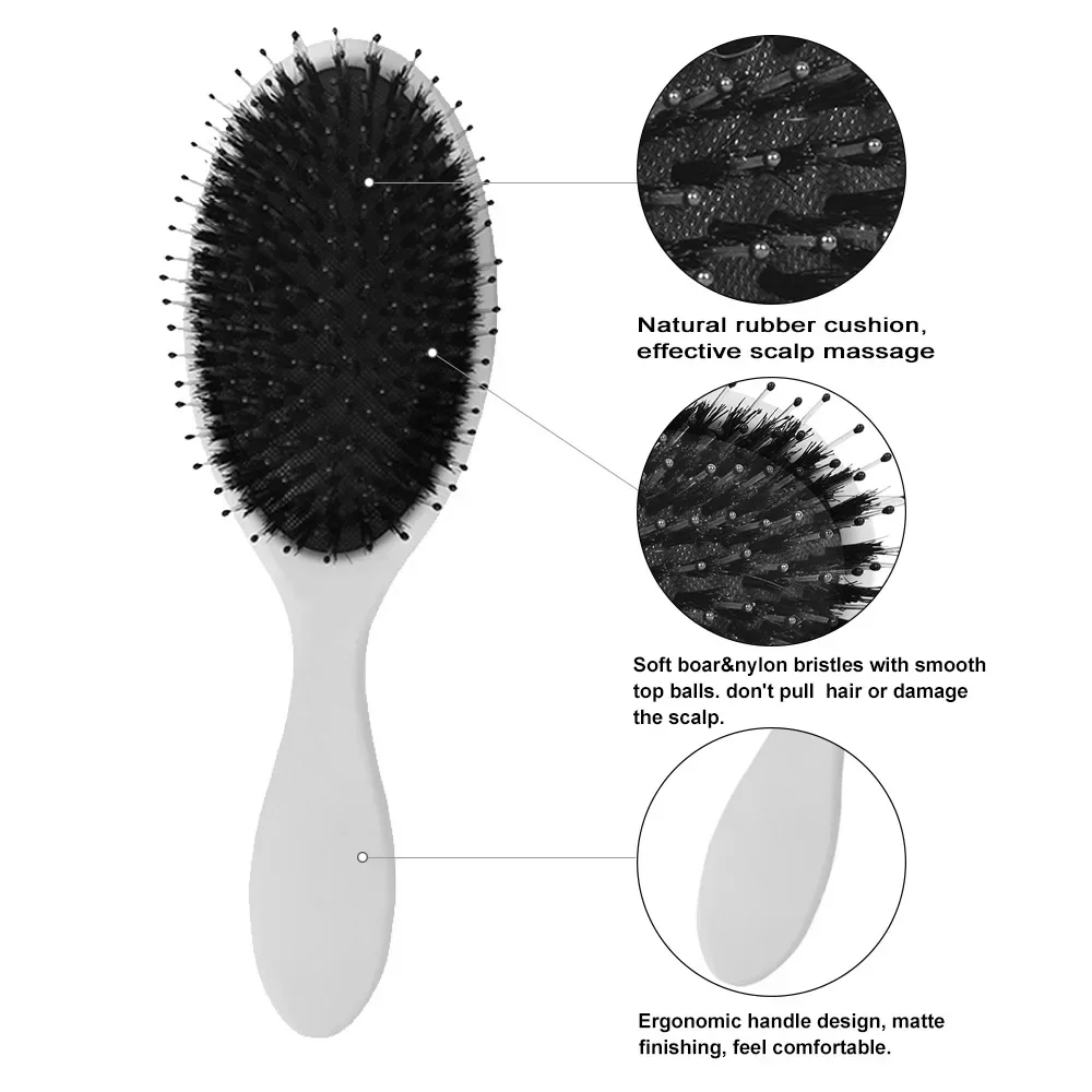 Cepillo de pelo de cerdas de jabalí con acabado mate, cepillo de extensión de cabello con dientes de nailon para mujer, cepillo de cojín, peinado, alisador y desenredante