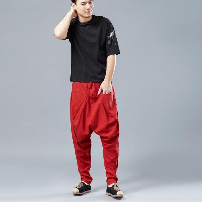 Alta ropa de hombres pantalones bombachos holgados Hip hop, pantalones-Pantalones desierto Pantalones casuales pantalones de lino pantalones de Hombre Ropa: XL / Rojo