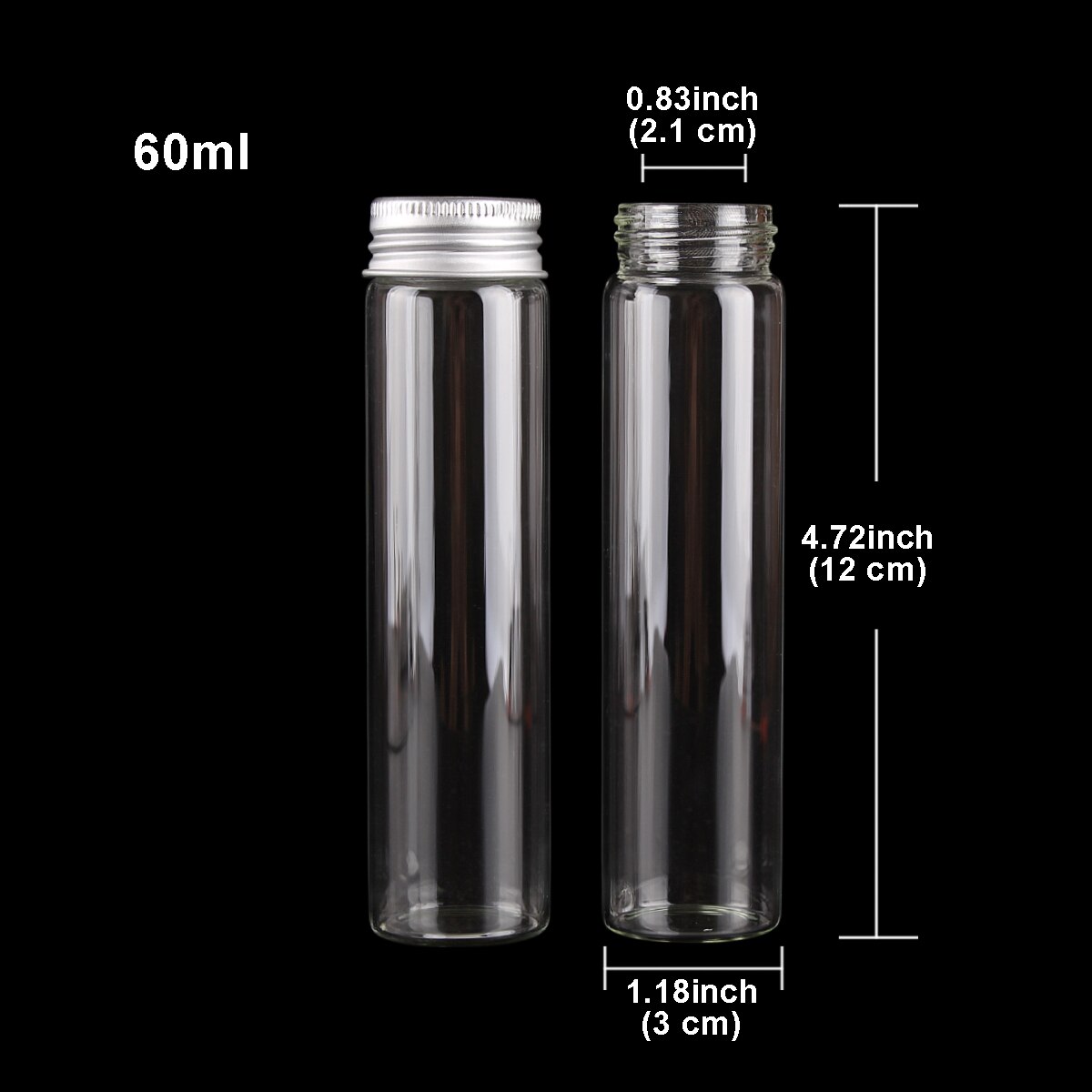 Botellas de vidrio con tapas de aluminio para boda, frascos de vidrio con tapas para favores, manualidades artísticas, 10ml, 15ml, 20ml, 25ml, 30ml, 40ml, 50ml, 60ml, 80ml, 100ml, 24 unids/lote: 60ml(30X120mm)