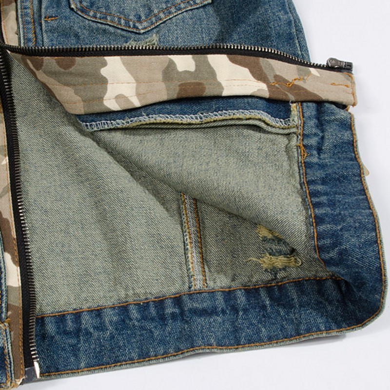 primavera ajuste delgado con capucha camuflaje agujero masculino Denim chalecos hombre vaca niño chaquetas sin mangas chaleco cremallera Fly