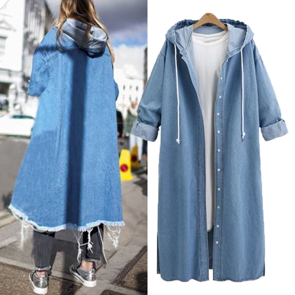 Women Loose Long Sleeve Hooded Denim Jacket Coat Ladies Casual Buttons Long Jean Coat Cardigan Outwear Tops