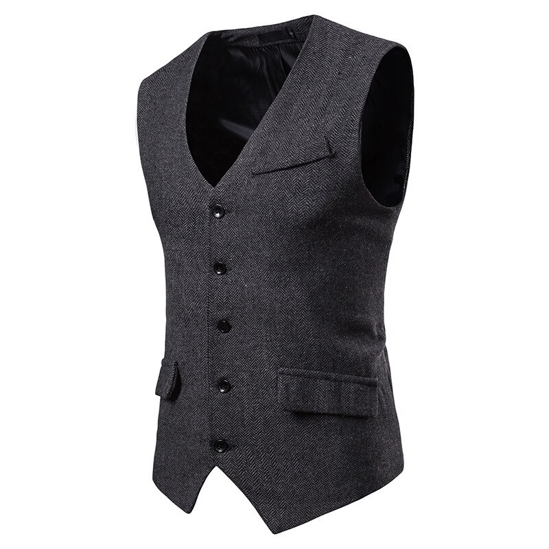 Vintage Suit Vest Men Casual Slim Fit Black Herringbone Vests Single Breasted V Neck Business Gilet Homme Chalecos Para Hombre
