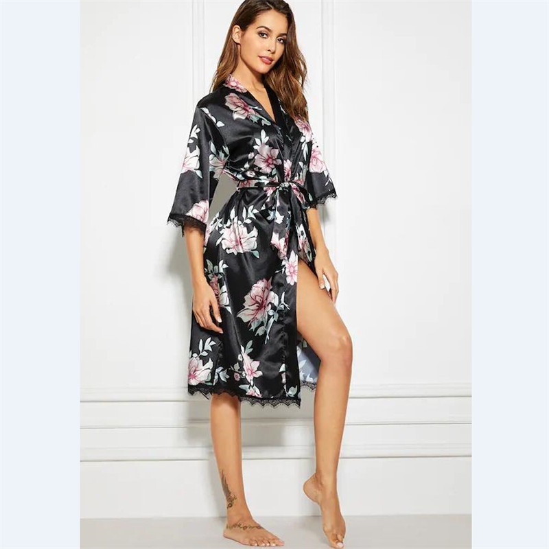 Silk Satin Wedding Bride Bridesmaid Robe Floral Bathrobe Short Kimono Robe Night Robe Bath Robe Dressing Gown For Women