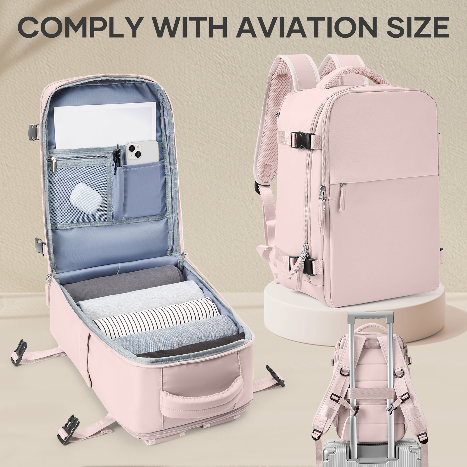 Mochila de viaje Ryanair avión 40x25x20 bolsa de cabina, mochila de trabajo para ordenador portátil para hombres, equipaje de mano mochila Ryanair mochila femenina: Rosa
