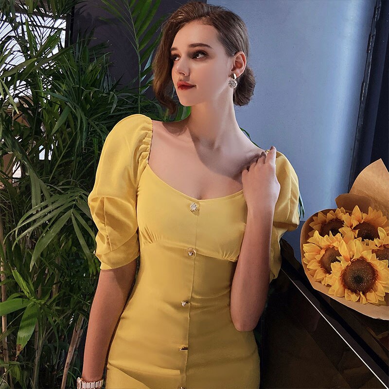 Dabuwawa Exclusive Vintage Yellow Dress Women Square Neck Puff Sleeve Single Breasted Split Hem Sexy Dress Ladies DO1BDR102
