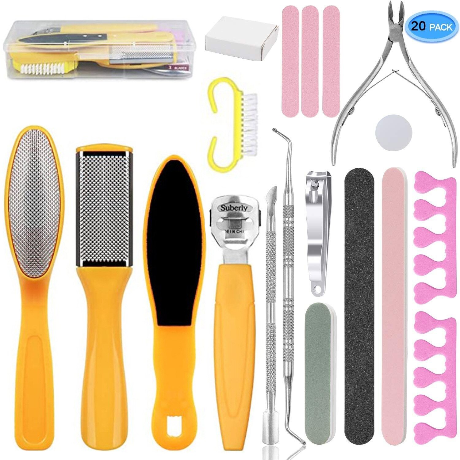 Pedicure Tool Heels Toe Cuticle Kit File Set Dead Hard Skin Callus Remover Scraper Foot Care Tool for Feet Beauty: 20pcs set yellow