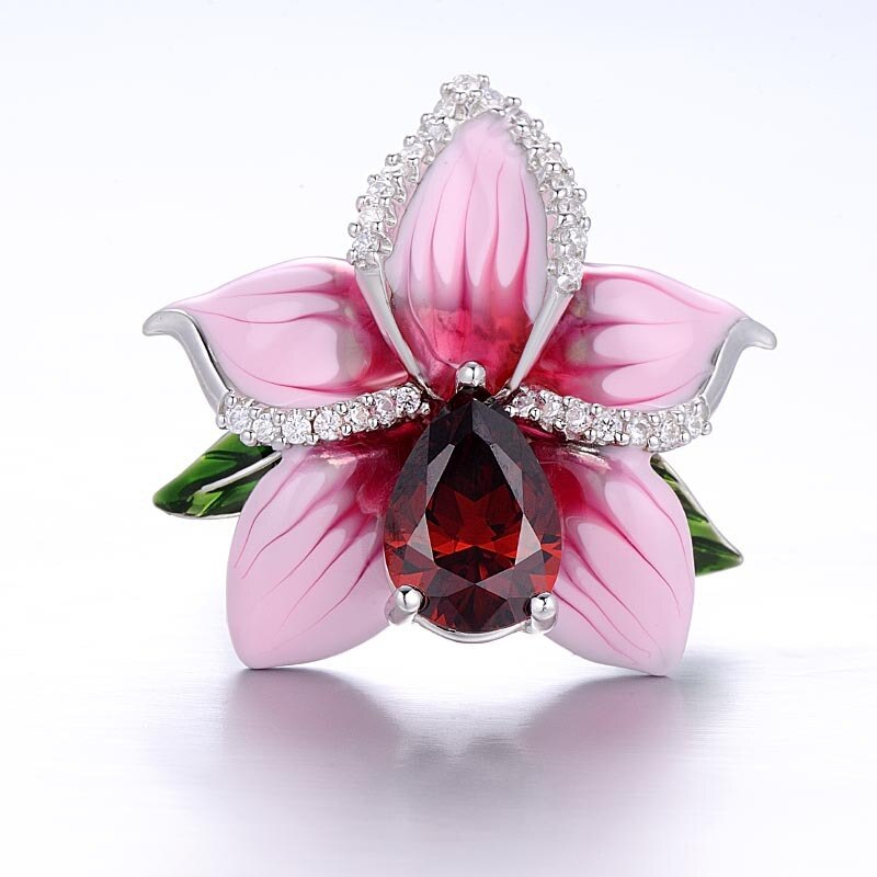 Söt kvinnlig rosa blomma ring brud röd sten ring vintage bröllop smycken lovar kärlek förlovningsringar för kvinnor