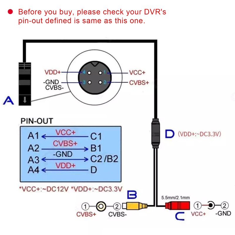3PCS Car Reverse Backup Rear View Camera 4-Pin Male Connector To Car RCA Wire Power Harness Adapter Wire Female CVBS Signal Wire