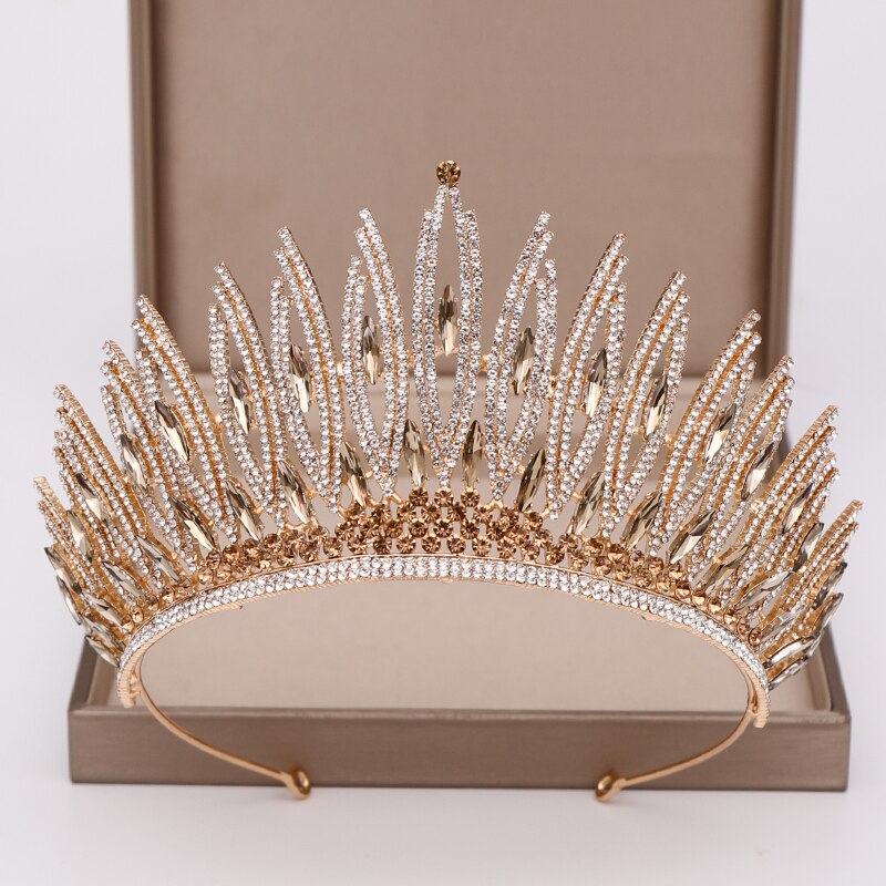 Krona kristall skönhetstävling stort bröllop tiara strass drottning tiaror och kronor diadem hår smycken bröllop hår tillbehör: Guld-