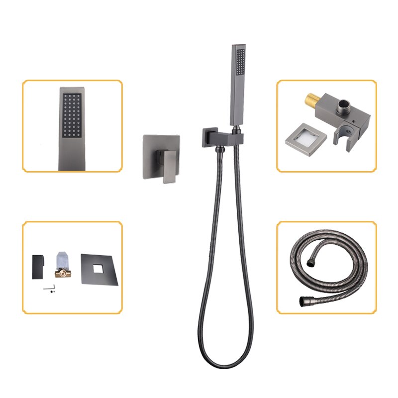 Bathroom Fixture Square In Wall Mounted Shower Set Hand Shower with Holder and Valve Body Metal Grey 1.5M Hose