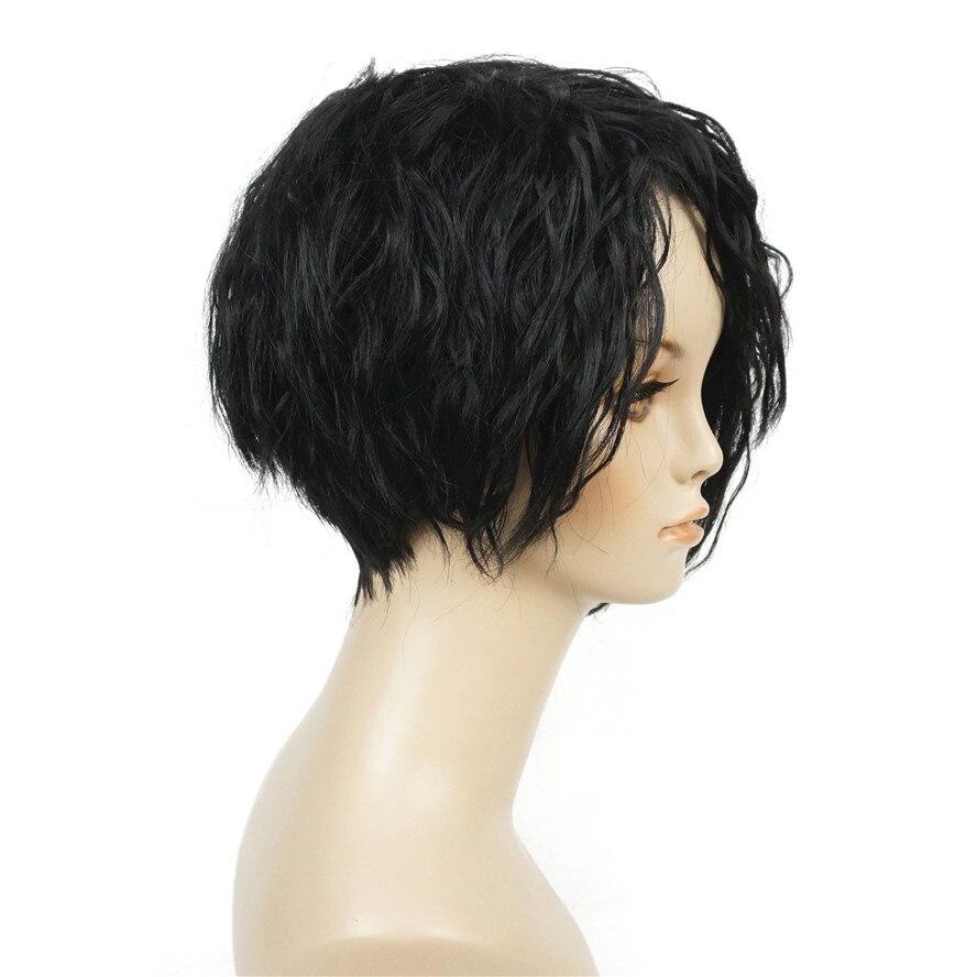 StrongBeauty African American Wigs Asymmetric Inclined Bangs Black Short Curly Bob Natural Synthetic Full Wig
