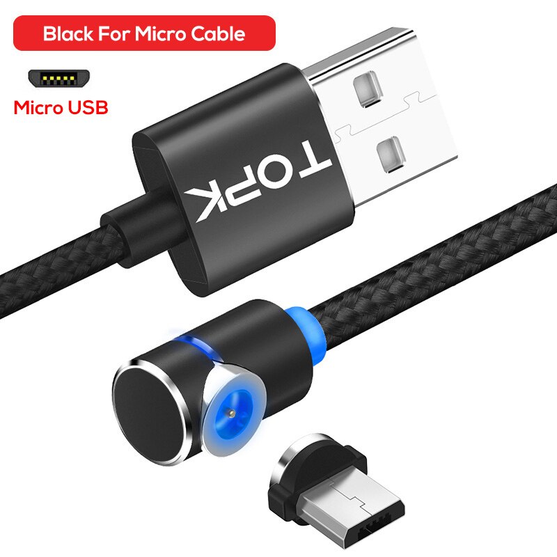 Topk AM30 Magnetische Oplaadkabel, 90 Graden Led Kabel Voor Iphone 11X8 7 6 Plus & Micro Usb Kabel & Usb Type-C Usb C Kabel: Black Micro Cable / 1M