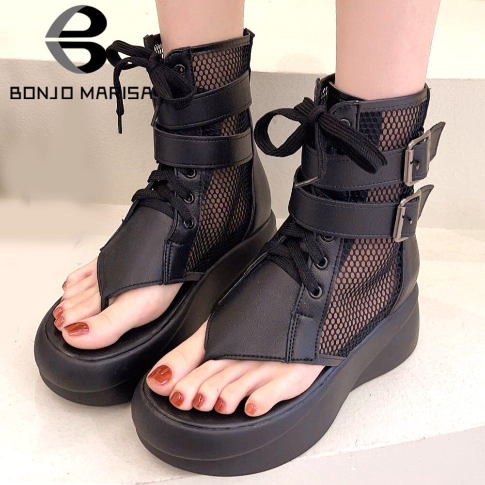BONJOMARISA Trendy Female Open Toe Gladiator Sandals Howllow Out Buckle Goth Flip Flop Sandals Women Platform Summer Shoes Woman